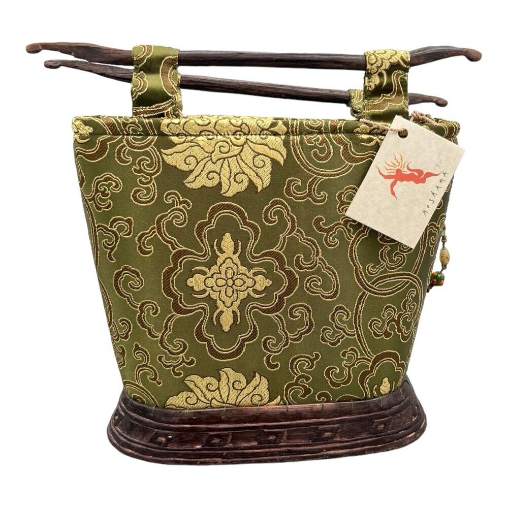 Vtg One of a Kind Purse Green Silk/ Wood Handles & Base Neshama Avara Yaron NWT